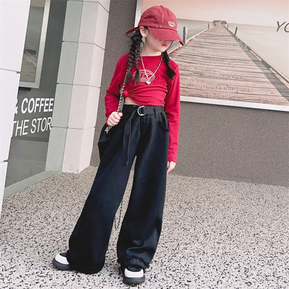 Girls Jeans Spring Autumn Loose Wide Leg Pants for Kids Casual All-match Teenage School Children Trousers 10 12 13 kids clothes