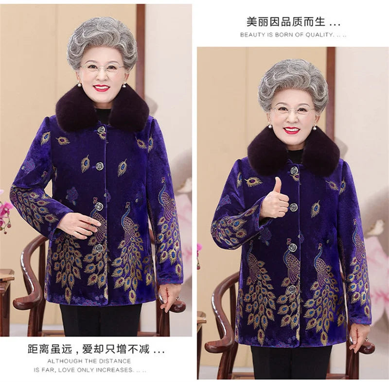 Embroid Winter Clothes Mid-Long Thick Cotton Clothes Women's Cotton-Padded Jacket Grandmother's Golden Velvet Fur Collar Parka