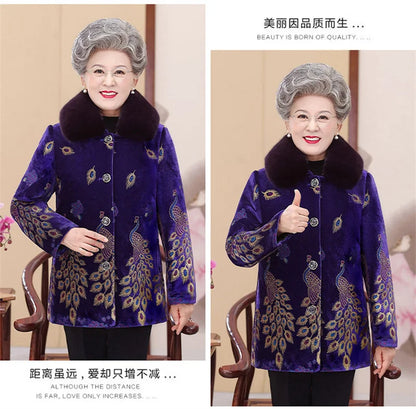 Embroid Winter Clothes Mid-Long Thick Cotton Clothes Women's Cotton-Padded Jacket Grandmother's Golden Velvet Fur Collar Parka