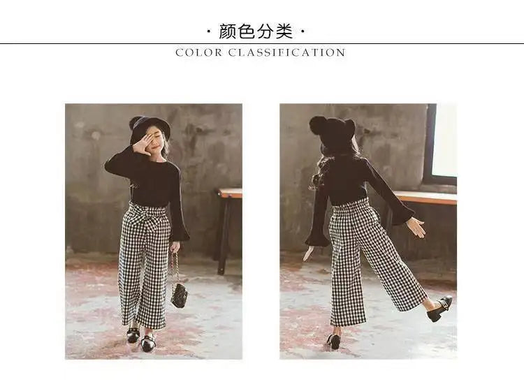 Kids Girls Clothing Sets 2026 Autumn Long Sleeve T-shirts + Plaid Wide Leg Pants 2PCS Children's Clothes Teen 6 8 10 12 14 Years