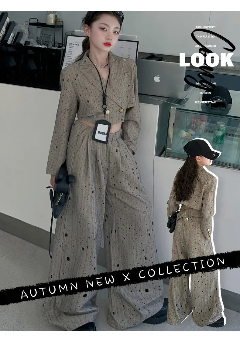 chic teenage girls clothes set Design short suit jacket+Customized ripped wide leg pants 2pcs junior kids suit child outfits 12