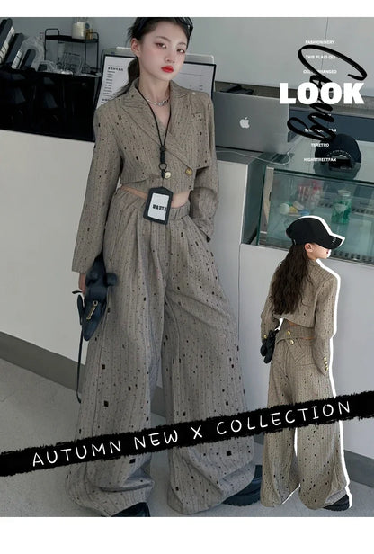 chic teenage girls clothes set Design short suit jacket+Customized ripped wide leg pants 2pcs junior kids suit child outfits 12