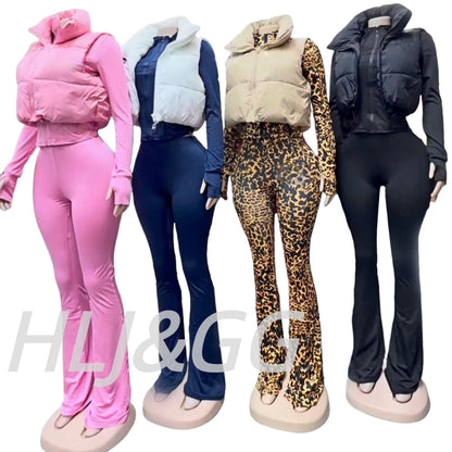 HLJ&GG Winter New Puffer Vest 3 Piece Sets Women Zipper Long Sleeve Top+Cotton Jacket+Legging Pants Outfits Casual Tracksuits BR