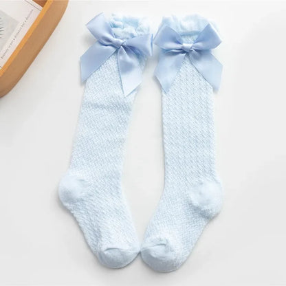 Cute Big Bowknot Newborn Baby Socks Outdoor Mosquito Proof Mesh Baby Girl Boys Socks Solid Color Infant Toddler Knee High Socks