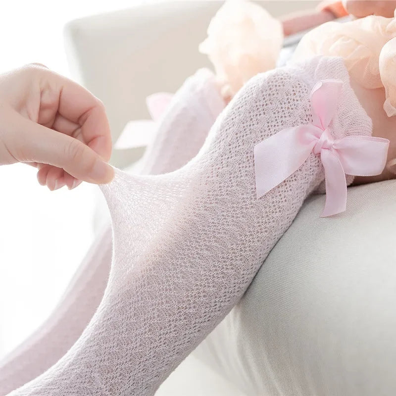 Cute Big Bowknot Newborn Baby Socks Outdoor Mosquito Proof Mesh Baby Girl Boys Socks Solid Color Infant Toddler Knee High Socks