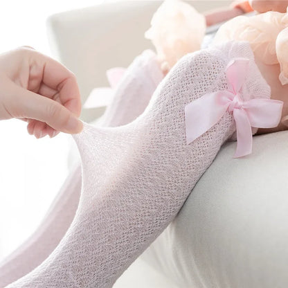 Cute Big Bowknot Newborn Baby Socks Outdoor Mosquito Proof Mesh Baby Girl Boys Socks Solid Color Infant Toddler Knee High Socks