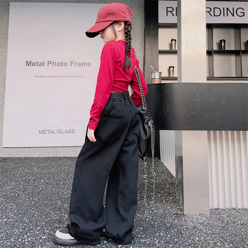 Girls Jeans Spring Autumn Loose Wide Leg Pants for Kids Casual All-match Teenage School Children Trousers 10 12 13 kids clothes