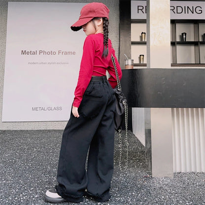 Girls Jeans Spring Autumn Loose Wide Leg Pants for Kids Casual All-match Teenage School Children Trousers 10 12 13 kids clothes