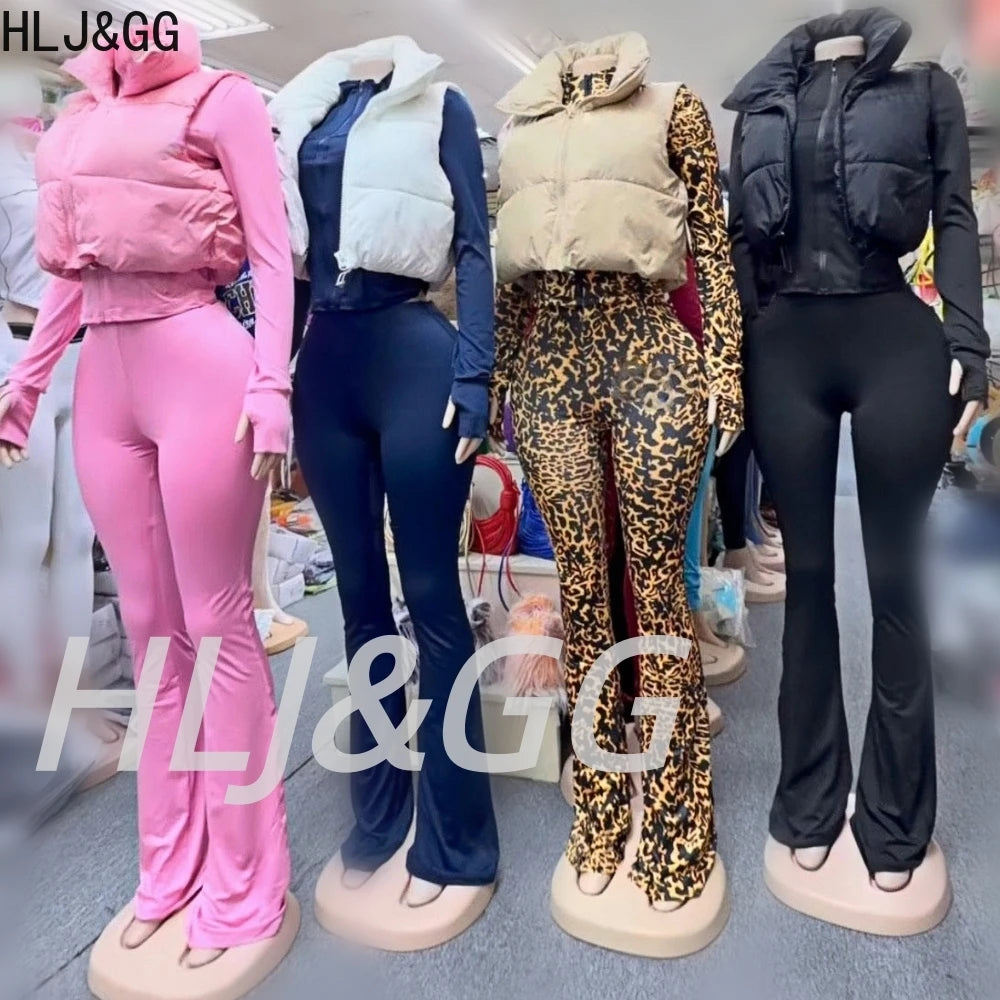 HLJ&GG Winter New Puffer Vest 3 Piece Sets Women Zipper Long Sleeve Top+Cotton Jacket+Legging Pants Outfits Casual Tracksuits BR