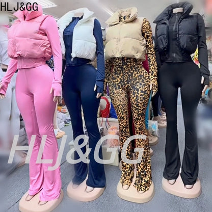 HLJ&GG Winter New Puffer Vest 3 Piece Sets Women Zipper Long Sleeve Top+Cotton Jacket+Legging Pants Outfits Casual Tracksuits BR