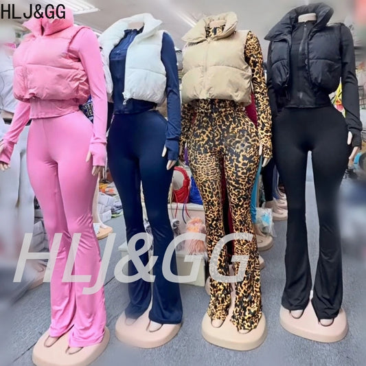 HLJ&GG Winter New Puffer Vest 3 Piece Sets Women Zipper Long Sleeve Top+Cotton Jacket+Legging Pants Outfits Casual Tracksuits BR