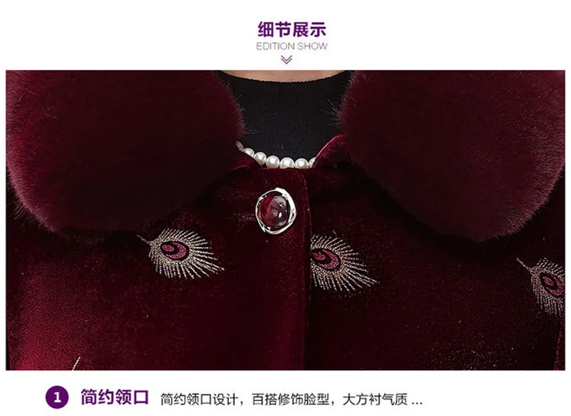 Embroid Winter Clothes Mid-Long Thick Cotton Clothes Women's Cotton-Padded Jacket Grandmother's Golden Velvet Fur Collar Parka
