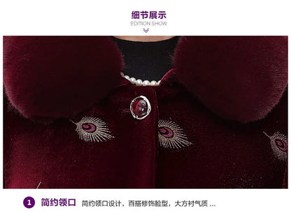 Embroid Winter Clothes Mid-Long Thick Cotton Clothes Women's Cotton-Padded Jacket Grandmother's Golden Velvet Fur Collar Parka
