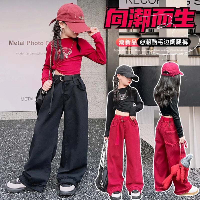 Girls Jeans Spring Autumn Loose Wide Leg Pants for Kids Casual All-match Teenage School Children Trousers 10 12 13 kids clothes