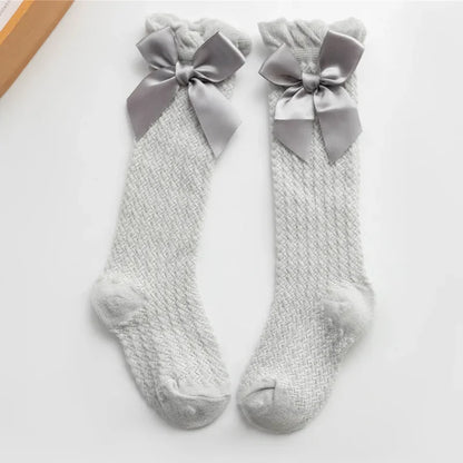 Cute Big Bowknot Newborn Baby Socks Outdoor Mosquito Proof Mesh Baby Girl Boys Socks Solid Color Infant Toddler Knee High Socks