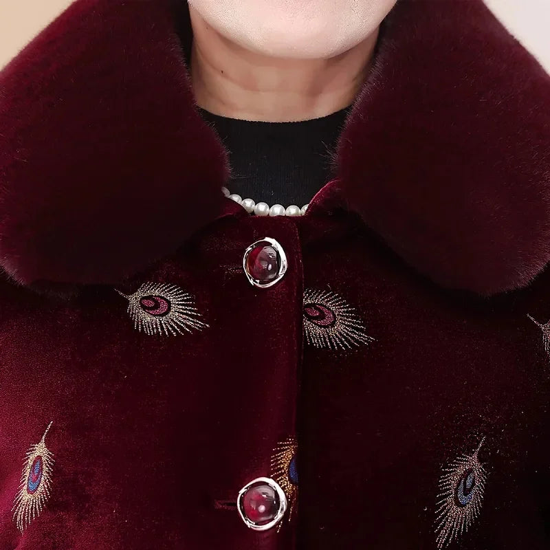 Embroid Winter Clothes Mid-Long Thick Cotton Clothes Women's Cotton-Padded Jacket Grandmother's Golden Velvet Fur Collar Parka