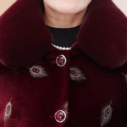Embroid Winter Clothes Mid-Long Thick Cotton Clothes Women's Cotton-Padded Jacket Grandmother's Golden Velvet Fur Collar Parka