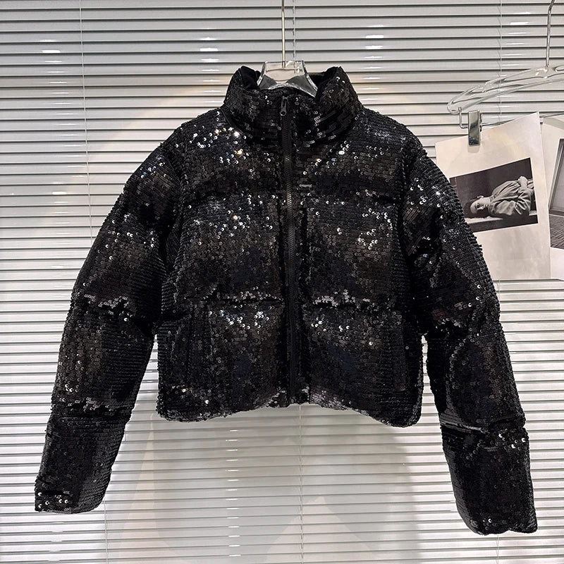 DEAT 2025 Winter New Trendy Shiny Sequin Fabric Stand Collar Warm Jacket For Women High Waist Cotton-padded Coat Female 11A07257