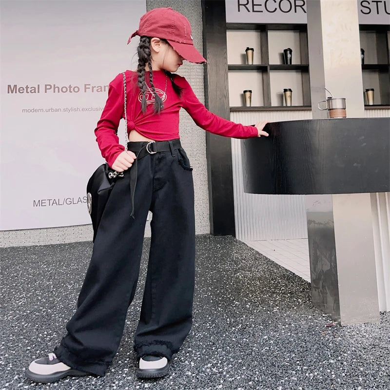 Girls Jeans Spring Autumn Loose Wide Leg Pants for Kids Casual All-match Teenage School Children Trousers 10 12 13 kids clothes