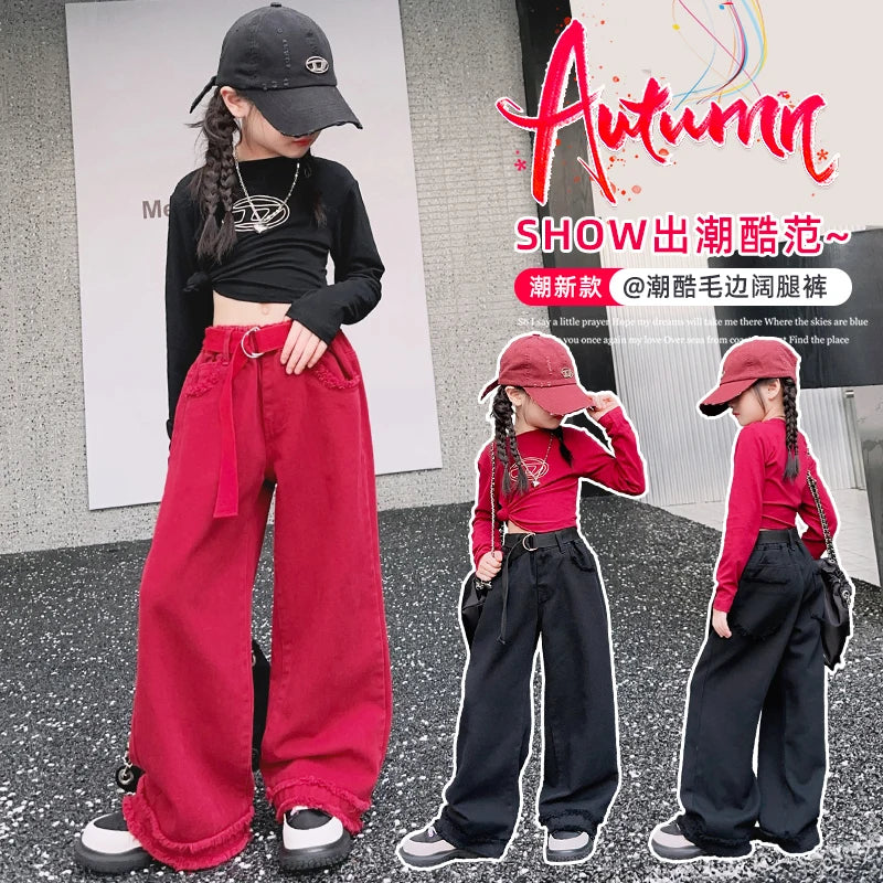 Girls Jeans Spring Autumn Loose Wide Leg Pants for Kids Casual All-match Teenage School Children Trousers 10 12 13 kids clothes