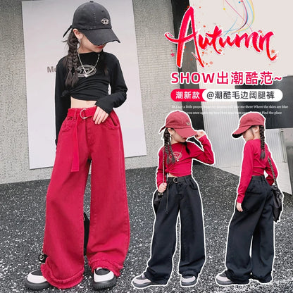 Girls Jeans Spring Autumn Loose Wide Leg Pants for Kids Casual All-match Teenage School Children Trousers 10 12 13 kids clothes