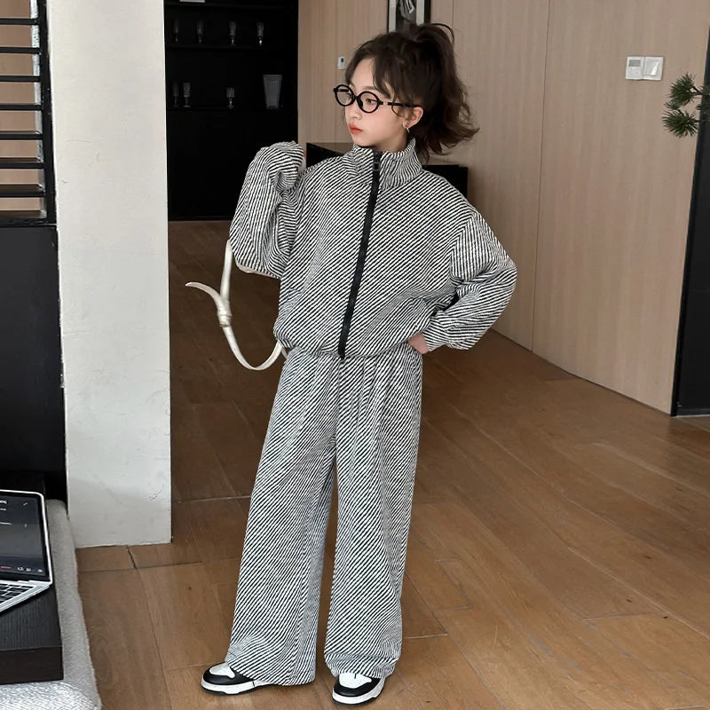 Teen Girls Sets 2025 New Children Spring Fashion Suit Kids  Striped Jackets+Loose Sports Pants 2 Pcs Outfits New Clothing Set
