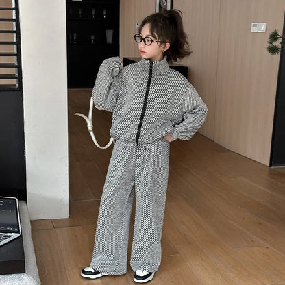 Teen Girls Sets 2025 New Children Spring Fashion Suit Kids  Striped Jackets+Loose Sports Pants 2 Pcs Outfits New Clothing Set