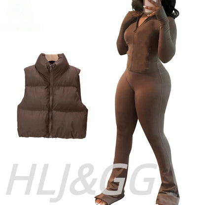 HLJ&GG Winter New Puffer Vest 3 Piece Sets Women Zipper Long Sleeve Top+Cotton Jacket+Legging Pants Outfits Casual Tracksuits BR