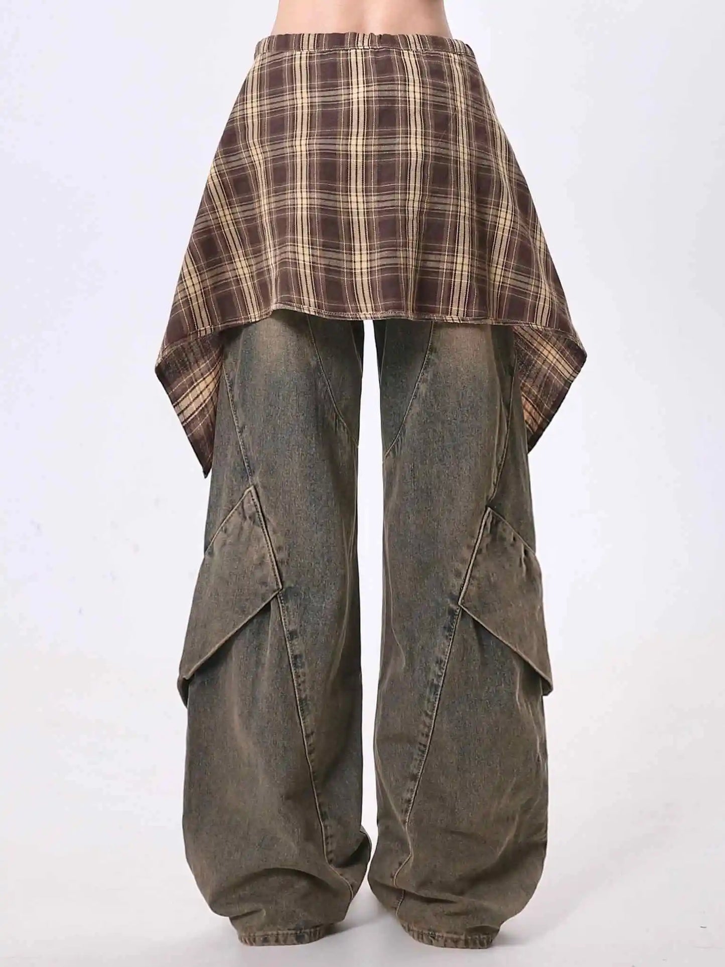 Women Blue Y2k Jeans with Skirt Harajuku Vintage Baggy Denim Trousers Japanese 2000s Style Oversize Jean Long Pants Clothes New