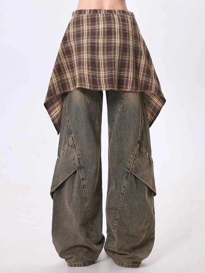 Women Blue Y2k Jeans with Skirt Harajuku Vintage Baggy Denim Trousers Japanese 2000s Style Oversize Jean Long Pants Clothes New