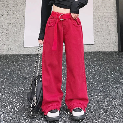 Girls Jeans Spring Autumn Loose Wide Leg Pants for Kids Casual All-match Teenage School Children Trousers 10 12 13 kids clothes
