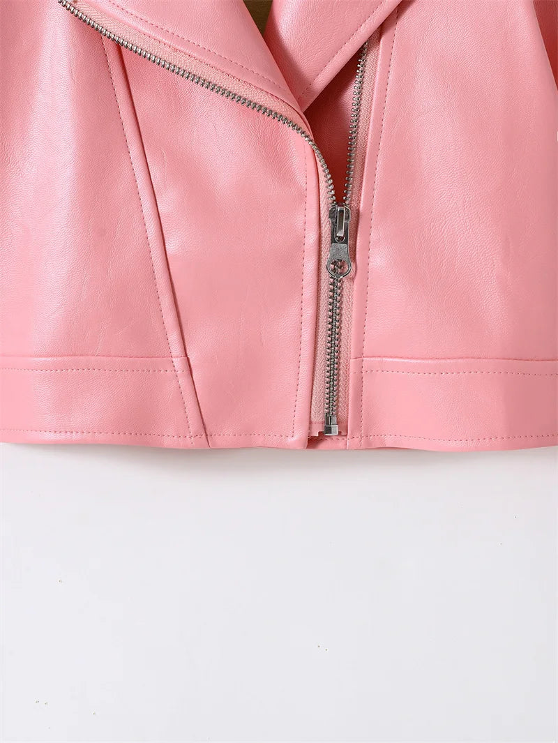 Girls Leather Jackets 2026 Spring Kids Cycling PU Leather Coats Autumn Children's Fashion Turn-down Clothing 2-6 Years Old