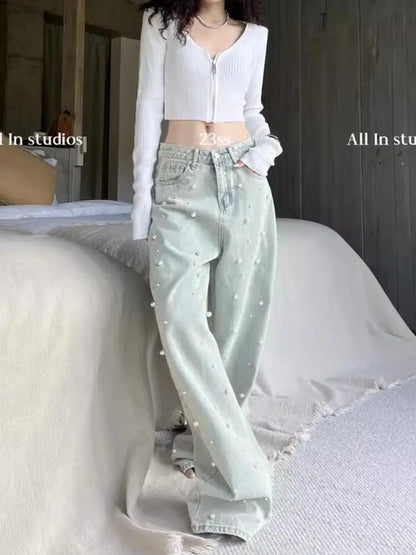 Korean Fashion Jeans for Women 2024Spring New Heavy Industry Beads Retro Washed High Waisted Jeans Wide Leg Mopping Pants Women