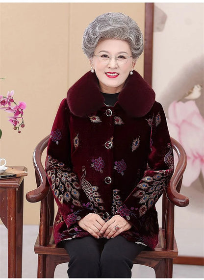 Embroid Winter Clothes Mid-Long Thick Cotton Clothes Women's Cotton-Padded Jacket Grandmother's Golden Velvet Fur Collar Parka