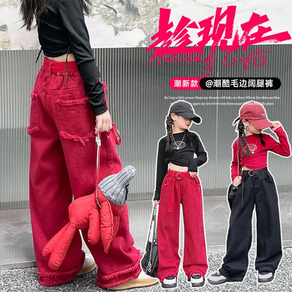 Girls Jeans Spring Autumn Loose Wide Leg Pants for Kids Casual All-match Teenage School Children Trousers 10 12 13 kids clothes