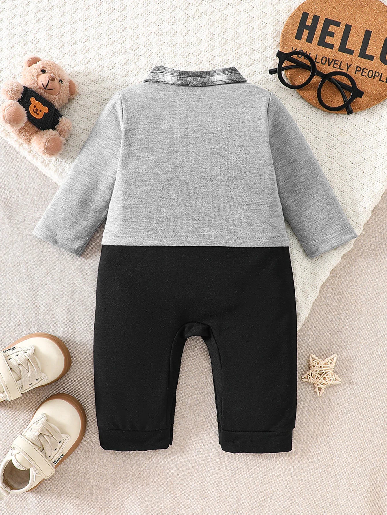 IURNXB Infant Cartoon Bear Romper Long Sleeve Baby Boy Gentleman Plaid Jumpsuit Onesie Newborn Color Block Outfit 1-18M