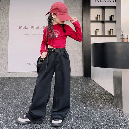 Girls Jeans Spring Autumn Loose Wide Leg Pants for Kids Casual All-match Teenage School Children Trousers 10 12 13 kids clothes