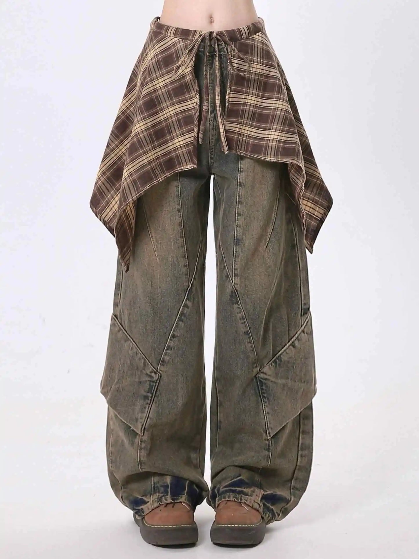 Women Blue Y2k Jeans with Skirt Harajuku Vintage Baggy Denim Trousers Japanese 2000s Style Oversize Jean Long Pants Clothes New