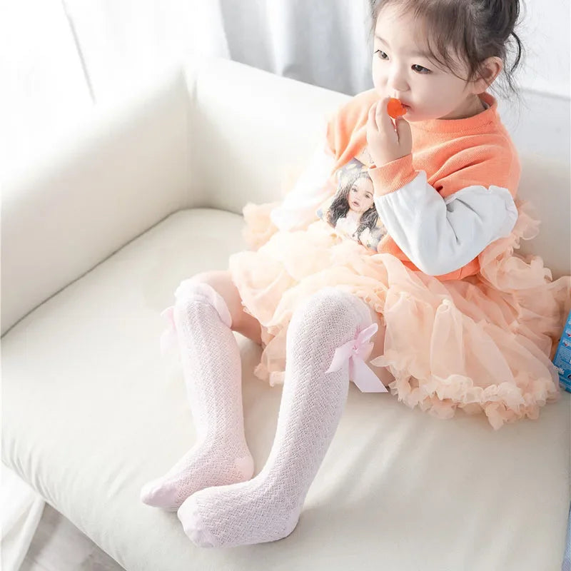 Cute Big Bowknot Newborn Baby Socks Outdoor Mosquito Proof Mesh Baby Girl Boys Socks Solid Color Infant Toddler Knee High Socks