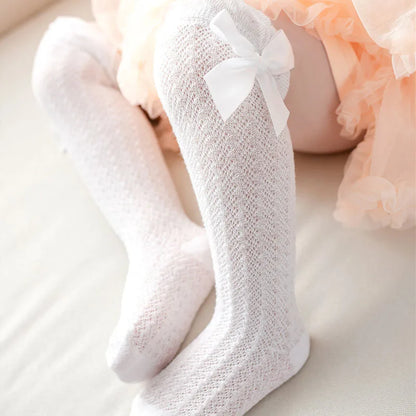 Cute Big Bowknot Newborn Baby Socks Outdoor Mosquito Proof Mesh Baby Girl Boys Socks Solid Color Infant Toddler Knee High Socks