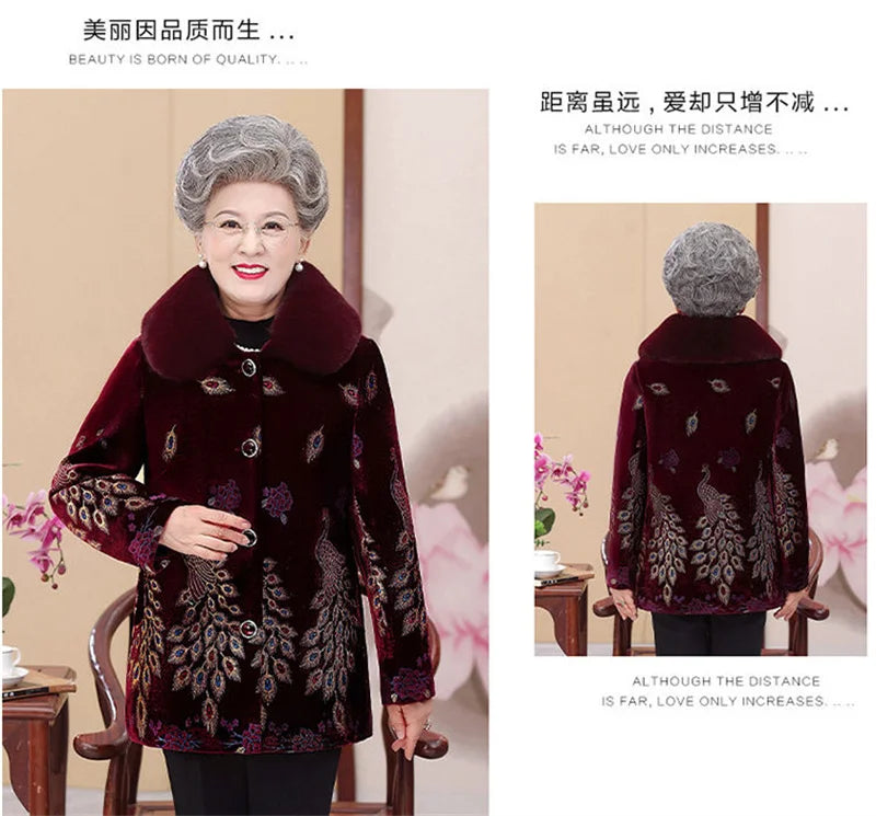 Embroid Winter Clothes Mid-Long Thick Cotton Clothes Women's Cotton-Padded Jacket Grandmother's Golden Velvet Fur Collar Parka