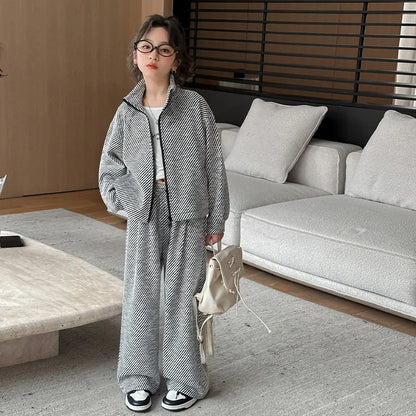 Teen Girls Sets 2025 New Children Spring Fashion Suit Kids  Striped Jackets+Loose Sports Pants 2 Pcs Outfits New Clothing Set