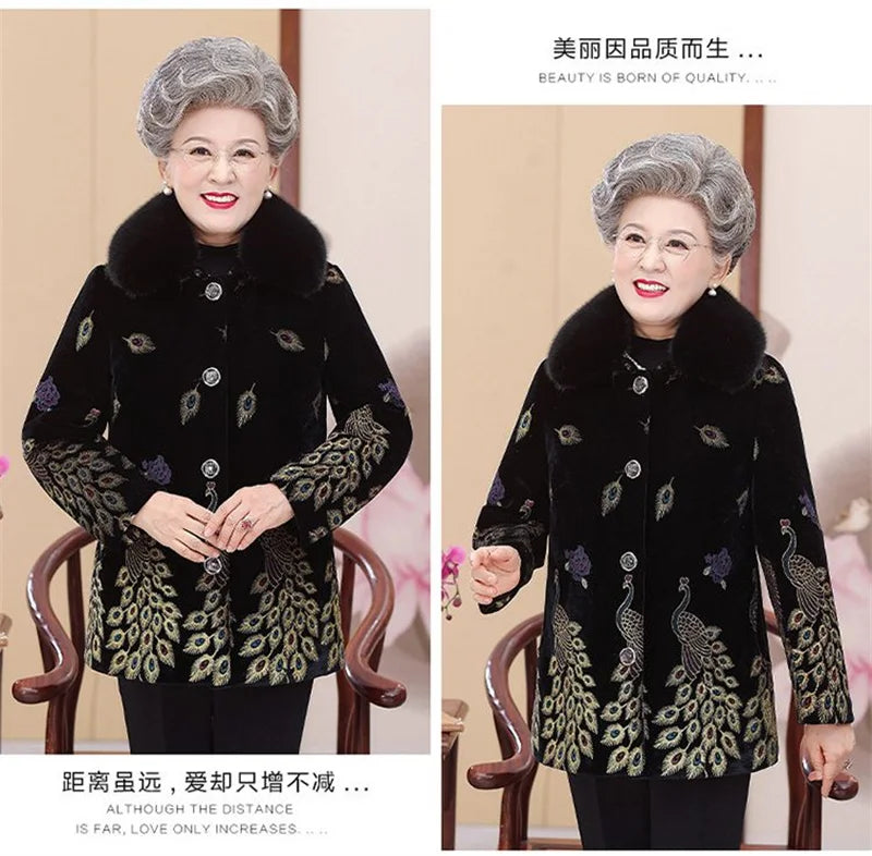 Embroid Winter Clothes Mid-Long Thick Cotton Clothes Women's Cotton-Padded Jacket Grandmother's Golden Velvet Fur Collar Parka