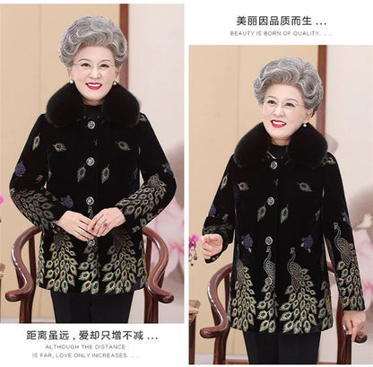 Embroid Winter Clothes Mid-Long Thick Cotton Clothes Women's Cotton-Padded Jacket Grandmother's Golden Velvet Fur Collar Parka