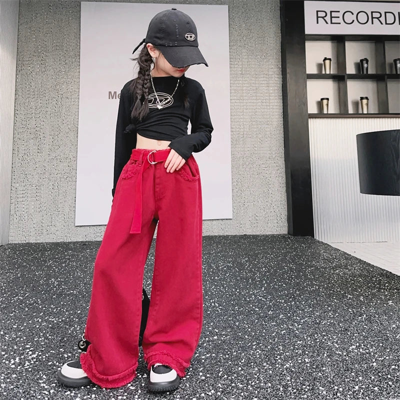 Girls Jeans Spring Autumn Loose Wide Leg Pants for Kids Casual All-match Teenage School Children Trousers 10 12 13 kids clothes