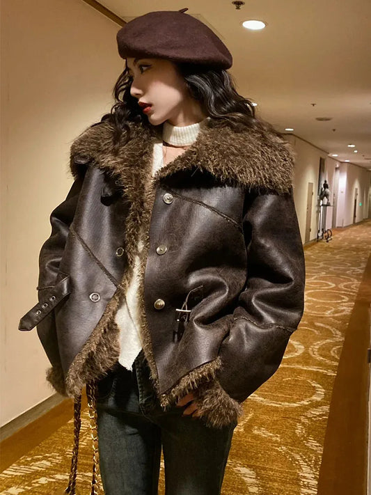 HH Women 2025 Winter New Fashion Versatile Fur One-Piece Thickened Jacket Female Personality Temperament Warm Retro Coat Mujer