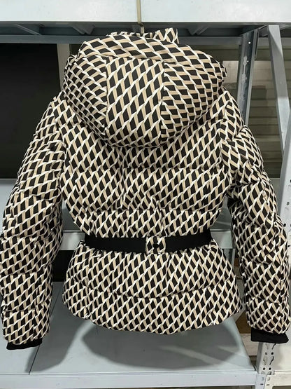 Women's Winter Hooded High Waist Padded Sport Parkas Coats with Belt Female Elegant Thick Warm Pockets Windproof Skiing Jackets