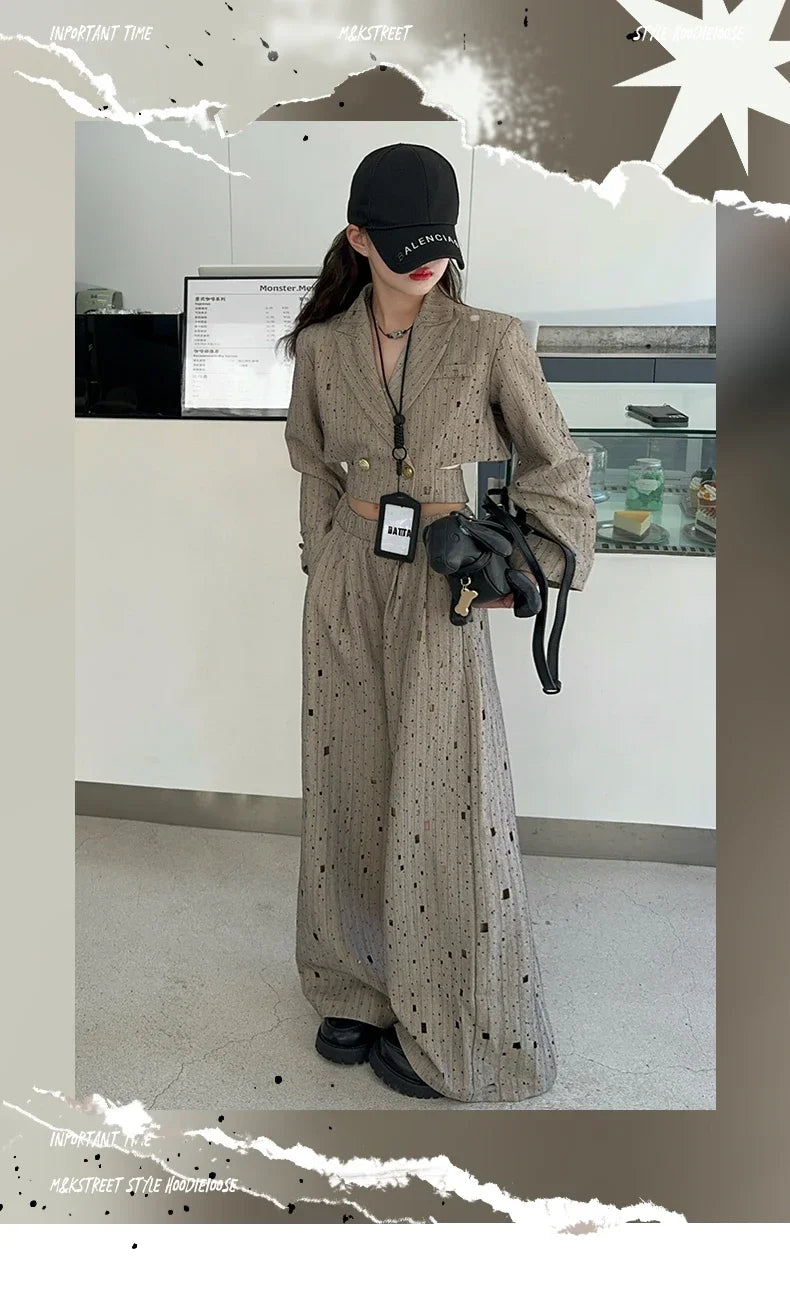 chic teenage girls clothes set Design short suit jacket+Customized ripped wide leg pants 2pcs junior kids suit child outfits 12