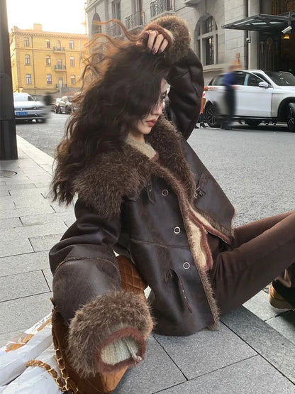 HH Women 2025 Winter New Fashion Versatile Fur One-Piece Thickened Jacket Female Personality Temperament Warm Retro Coat Mujer