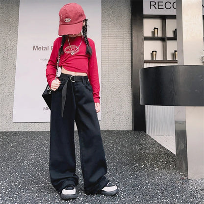 Girls Jeans Spring Autumn Loose Wide Leg Pants for Kids Casual All-match Teenage School Children Trousers 10 12 13 kids clothes
